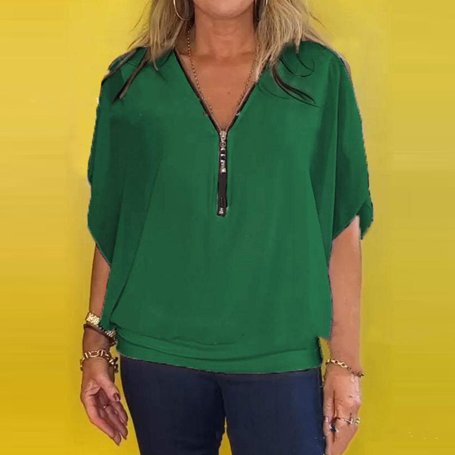 Locker sitzende Bluse für Damen mit Reißverschluss vorne und kurzen Ärmeln