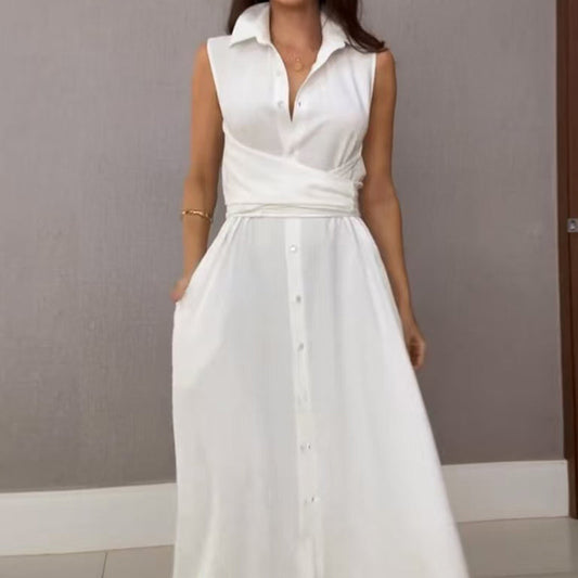 Ärmelloses Hemdblusenkleid für Damen mit Taillenband und Knopfleiste vorne