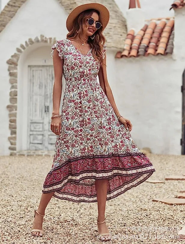 Bedrucktes Kurzarmkleid mit V-Ausschnitt und High-Low-Saum für Damen