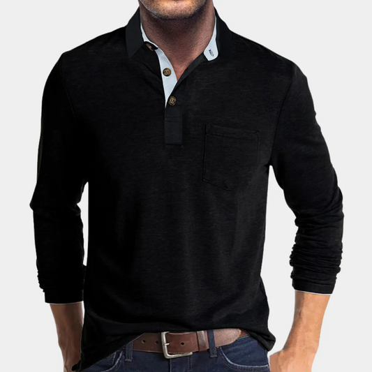 Herren Langarm-Poloshirt mit Brusttasche und Knopfleiste