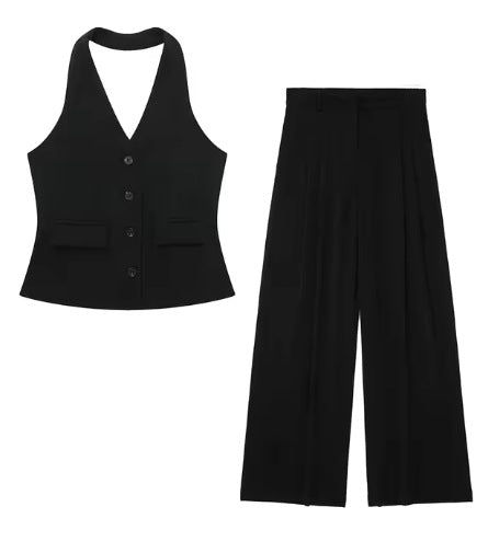 Zweiteiliges Damen-Set mit ärmelloser Weste und Hose mit weitem Bein
