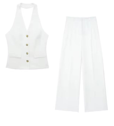 Women’s Two-Piece Set with Sleeveless Vest and Wide-Leg Trousers