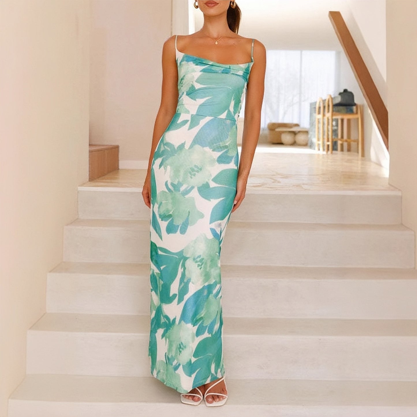 Trägerloses Maxikleid mit Blumenmuster und geradem Ausschnitt für Damen