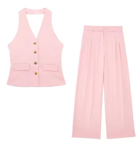Women’s Two-Piece Set with Sleeveless Vest and Wide-Leg Trousers