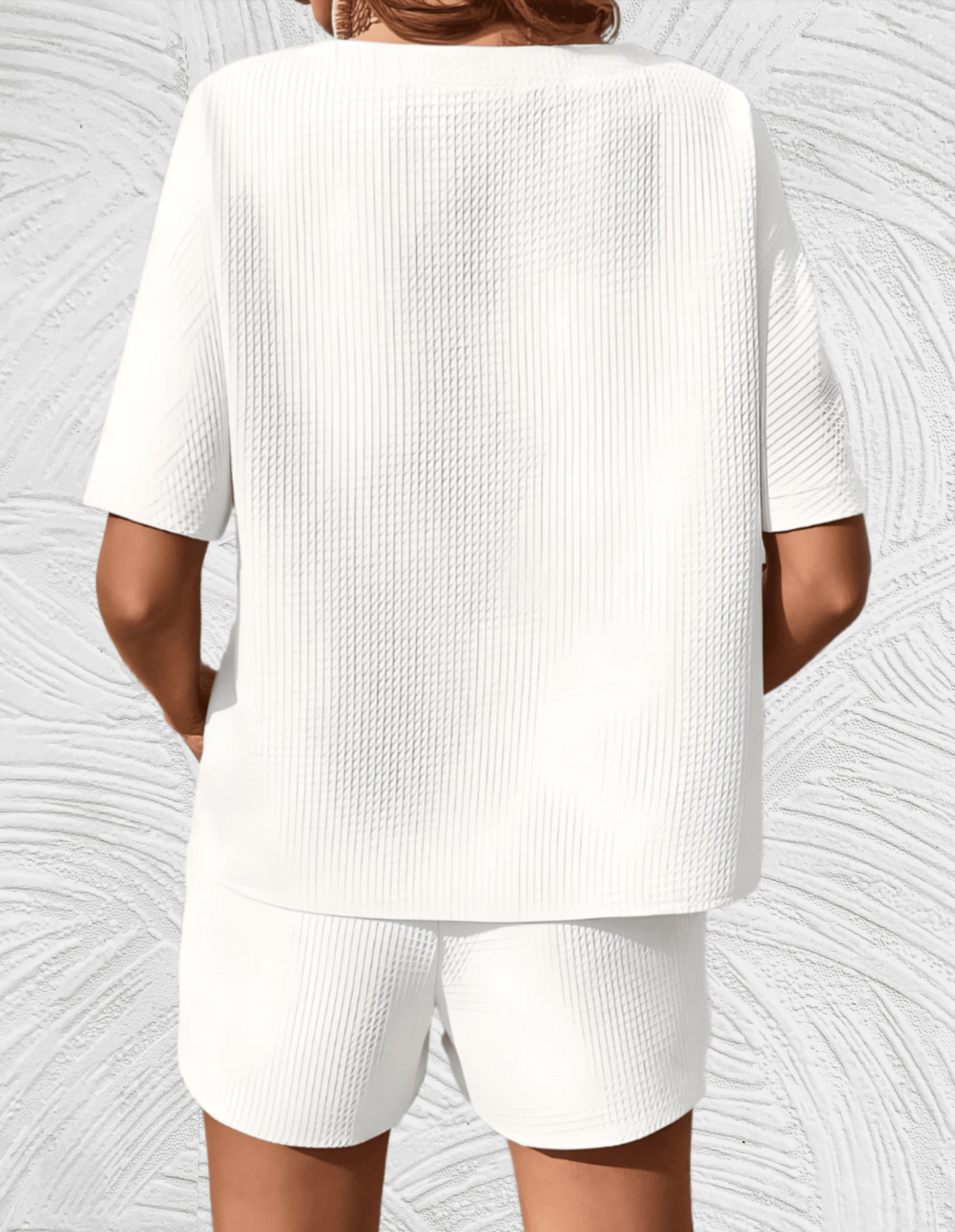 Strukturiertes Kurzarm-Top und Shorts-Set mit Kordelzug in der Taille für Damen