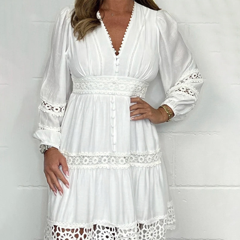 White Vintage Cut Out Lace V-Neck Dress