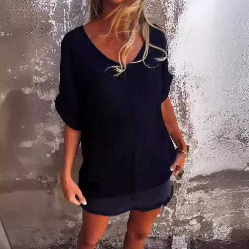Big V-Neck Seven-Points Sleeve Pullover Top
