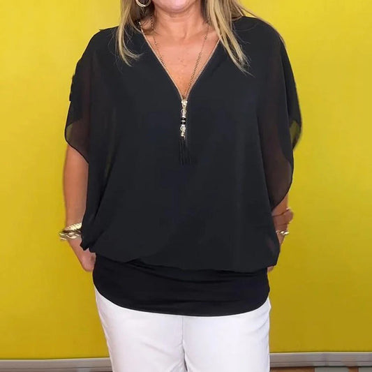 Locker sitzende Bluse für Damen mit Reißverschluss vorne und kurzen Ärmeln